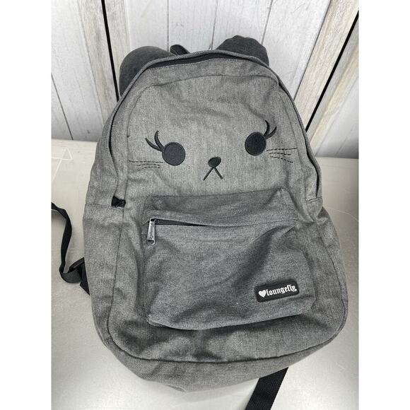 Loungefly Kitty Cat Grey Denim Kitten Backpack School Bag Handbag - Picture 1 of 5